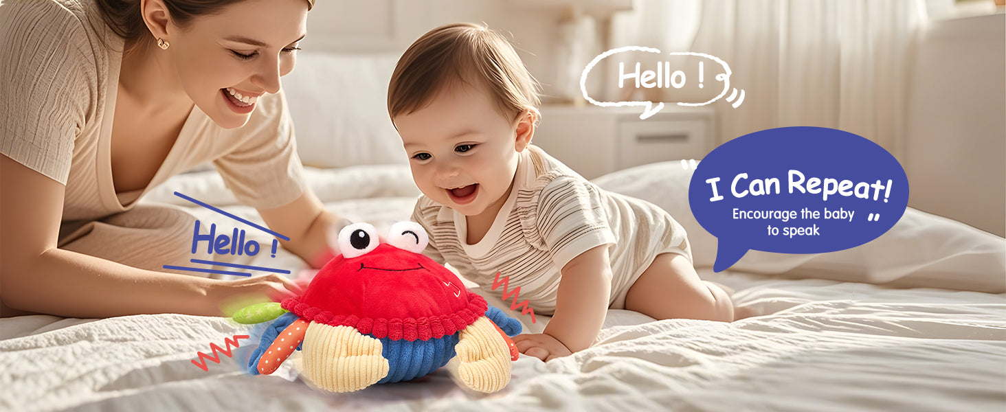 Parent and baby using Crabby Crawl’s voice-repeat feature