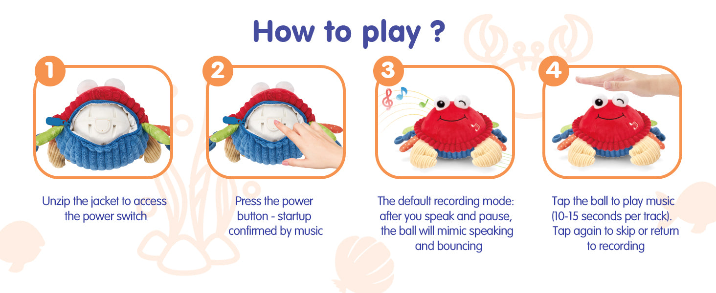 Four-step visual guide for charging and using Crabby Crawl
